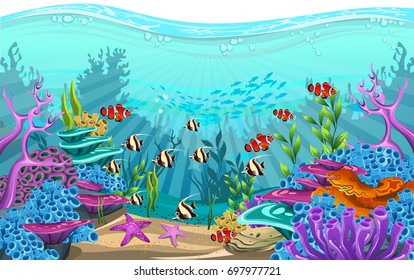 The beauty of underwater life with different animals and habitats. Clear sea water