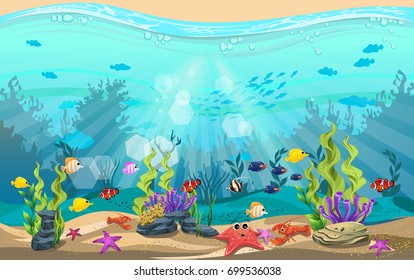 The beauty of underwater life with different animals and habitats. Marine life is shining and colorful.