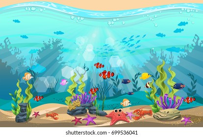 The beauty of underwater life with different animals and habitats. Marine life is shining and colorful.