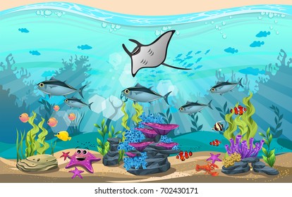 The beauty of underwater life with different animals and habitats. Marine life is shining and colorful with bluefin tuna fish, manta ray, algae, coral and coral reefs