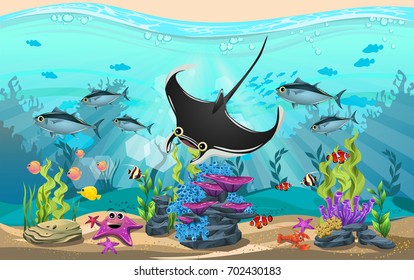 The beauty of underwater life with different animals and habitats. Marine life is shining and colorful with bluefin tuna fish, man ray, algae, coral and coral reefs