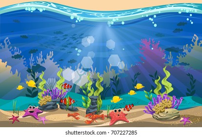 The beauty of underwater life with different animals and habitats. Marine life is shining and colorful. blue sea