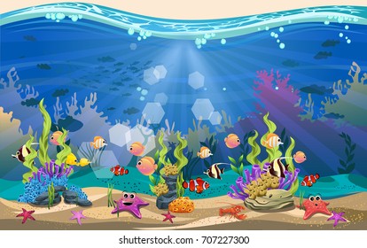 The beauty of underwater life with different animals and habitats. Marine life is shining and colorful. blue sea