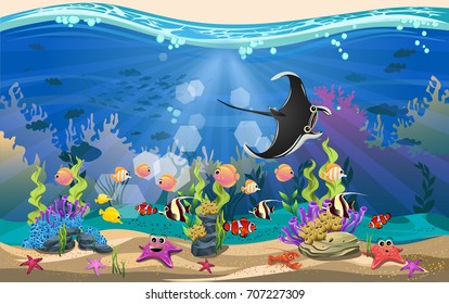 The beauty of underwater life with different animals and habitats. Marine life is shining and colorful. blue sea