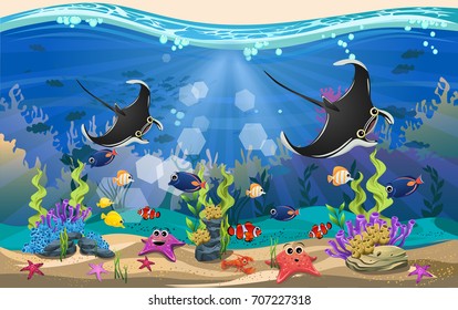 The beauty of underwater life with different animals and habitats. Marine life is shining and colorful. blue sea