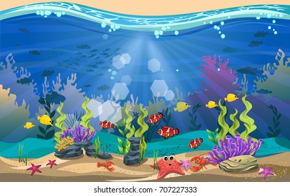 The beauty of underwater life with different animals and habitats. Marine life is shining and colorful. blue sea