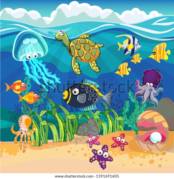 Beauty Underwater Life Different Animals Habitats Stock Vector (Royalty ...