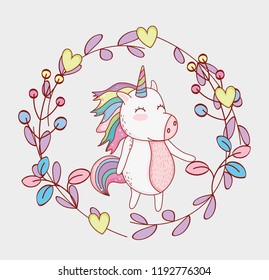 beauty unicorn with branches leaves and hearts