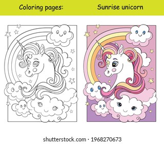 Beauty unicorn head with rainbow and clouds. Coloring book page for children with colorful template. Vector cartoon isolated illustration. For coloring book, education, print, game, puzzle, design