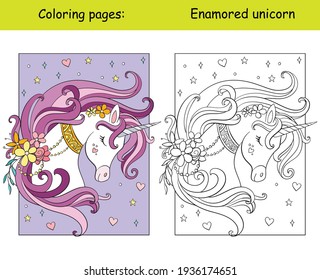 Beauty unicorn head with stars and flowers. Coloring book page for children with colorful template. Vector cartoon isolated illustration. For coloring book, preschool education, print, game, decor.