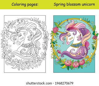 Beauty unicorn head wreath of flowers. Coloring book page for children with colorful template. Vector cartoon isolated illustration. For coloring book, education, print, game, decor, puzzle, design