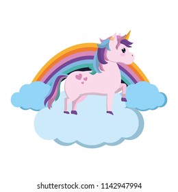beauty unicorn standing in the clouds with rainbow