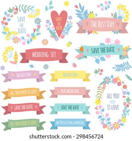 Schöne Vektorgrafik von Hochzeitsobjekten und -zeichen. Set von Feriendekorationselementen einzeln in Vintage-Farben. Hochzeitsdekor, Rahmen, Bänder, Herzen, Inschriften und Blumendekorationen