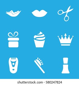 Beauty vector icons. Set of 9 Beauty filled icons such as lips, cream, present, hair brush, woman in hammock, nail polish, manicure scissors, crown