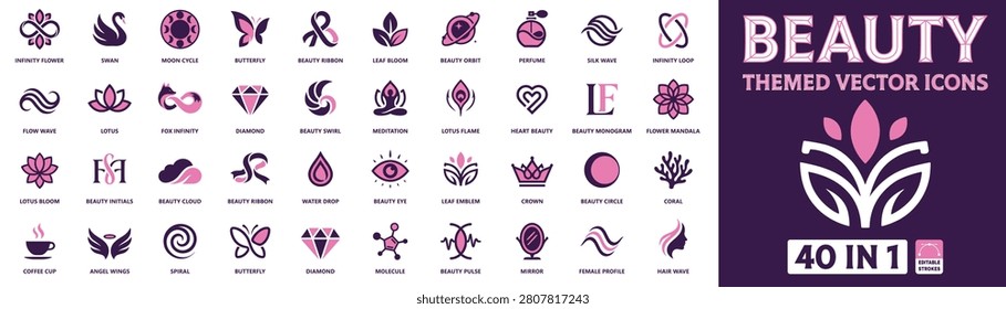 Beauty Vector Icons Set with Infinity Flower Swan Moon Cycle Butterfly Ribbon Lotus Diamond Meditation Crown Female Profile and Hair Wave Symbols