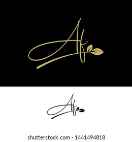 Beauty vector Initial letters AF with leaf. Signature, handwriting, fashion, boutique, wedding, jewelry, botanical , floral logo creative Vector logo Design template