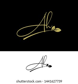 Beauty vector Initial letters AH  with leaf. Signature, handwriting, fashion, boutique, wedding, jewelry, botanical , floral logo creative Vector logo Design template