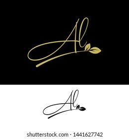 Beauty vector Initial letters AL with leaf. Signature, handwriting, fashion, boutique, wedding, jewelry, botanical , floral logo creative Vector logo Design template