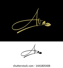 Beauty vector Initial letters AV  with leaf. Signature, handwriting, fashion, boutique, wedding, jewelry, botanical , floral logo creative Vector logo Design template