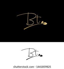 Beauty vector Initial letters BT with leaf. Signature, handwriting, fashion, boutique, wedding, jewelry, botanical , floral logo creative Vector logo Design template