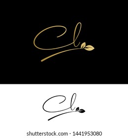 Beauty vector Initial letters CL with leaf. Signature, handwriting, fashion, boutique, wedding, jewelry, botanical , floral logo creative Vector logo Design template