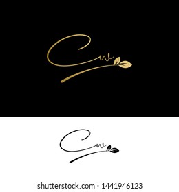 Beauty vector Initial letters CW with leaf. Signature, handwriting, fashion, boutique, wedding, jewelry, botanical , floral logo creative Vector logo Design template
