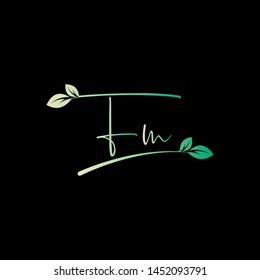 Beauty vector Initial letters F M with leaf. Signature, handwriting, fashion, boutique, wedding, jewelry, botanical , floral logo creative Vector logo Design template