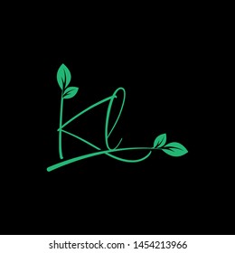 Beauty vector Initial letters K L with leaf. Signature, handwriting, fashion, boutique, wedding, jewelry, botanical , floral logo creative Vector logo Design template