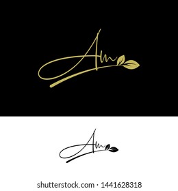 Beauty vector Initial letters AM with leaf. Signature, handwriting, fashion, boutique, wedding, jewelry, botanical , floral logo creative Vector logo Design template