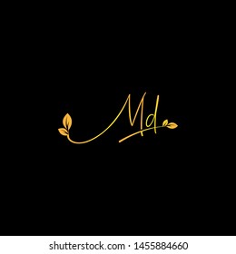 Beauty vector Initial letters M D with leaf. Signature, handwriting, fashion, boutique, wedding, jewelry, botanical , floral logo creative Vector logo Design template