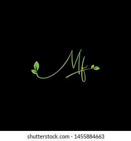 Beauty vector Initial letters M F with leaf. Signature, handwriting, fashion, boutique, wedding, jewelry, botanical , floral logo creative Vector logo Design template