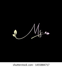 Beauty vector Initial letters M S with leaf. Signature, handwriting, fashion, boutique, wedding, jewelry, botanical , floral logo creative Vector logo Design template