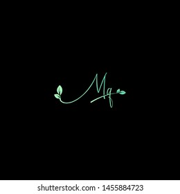 Beauty vector Initial letters M Q with leaf. Signature, handwriting, fashion, boutique, wedding, jewelry, botanical , floral logo creative Vector logo Design template