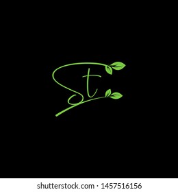 Beauty vector Initial letters S T with leaf. Signature, handwriting, fashion, boutique, wedding, jewelry, botanical , floral logo creative Vector logo Design template
