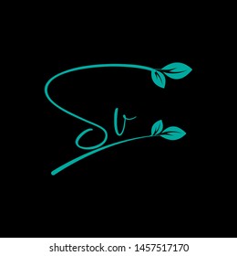 Beauty vector Initial letters S V with leaf. Signature, handwriting, fashion, boutique, wedding, jewelry, botanical , floral logo creative Vector logo Design template