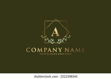 A Beauty vector initial logo, Golden floral letters with flowers leaves and gold splatters isolated on white background. Vector illustration for wedding, greeting cards, invitations template design
