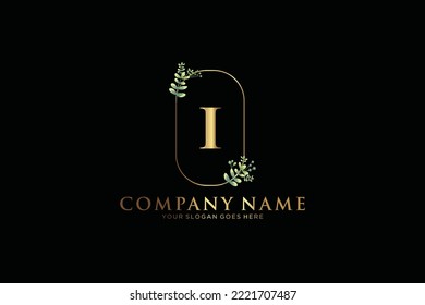 I Beauty vector initial logo, Golden floral letters with flowers leaves and gold splatters isolated on white background. Vector illustration for wedding, greeting cards, invitations template design