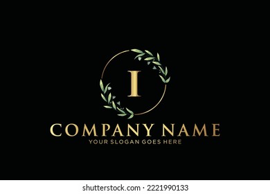 I Beauty vector initial logo, Golden floral letters with flowers leaves and gold splatters isolated on white background. Vector illustration for wedding, greeting cards, invitations template design