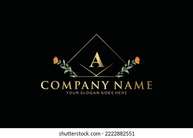 Logo inicial del vector de belleza, letras doradas florales con hojas de flores y manchas doradas aisladas en fondo blanco. Ilustración vectorial para boda, tarjetas de felicitación, diseño de plantillas de invitaciones