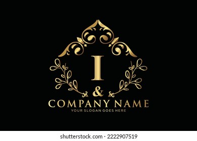 I Logo inicial del vector de belleza, letras doradas florales con hojas de flores y manchas doradas aisladas en fondo blanco. Ilustración vectorial para boda, tarjetas de felicitación, diseño de plantillas de invitaciones