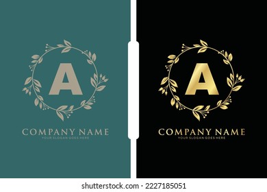A Beauty vector initial logo, Golden floral letters with flowers leaves and gold splatters isolated on white background. Vector illustration for wedding, greeting cards, invitations template design
