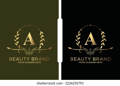 A Beauty vector initial logo, Golden floral letters with flowers leaves and gold splatters isolated on white background. Vector illustration for wedding, greeting cards, invitations template design