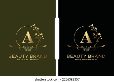 A Beauty vector initial logo, Golden floral letters with flowers leaves and gold splatters isolated on white background. Vector illustration for wedding, greeting cards, invitations template design