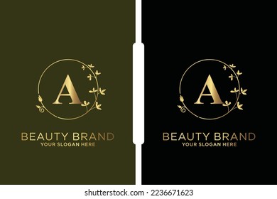 A Beauty vector initial logo, Golden floral letters with flowers leaves and gold splatters isolated on white background. Vector illustration for wedding, greeting cards, invitations template design