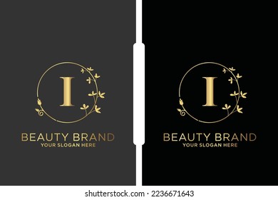 I Beauty vector initial logo, Golden floral letters with flowers leaves and gold splatters isolated on white background. Vector illustration for wedding, greeting cards, invitations template design