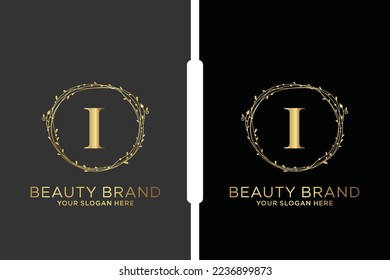I Beauty vector initial logo, Golden floral letters with flowers leaves and gold splatters isolated on white background. Vector illustration for wedding, greeting cards, invitations template design