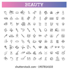 Iconos de contorno del vector de belleza establecidos. Tratamiento de belleza