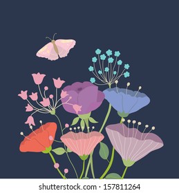 Beauty vector postcard in dark tones. Summer illustration with bright flowers and butterfly. Ideal for celebration card or poster