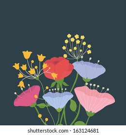 Beauty vector postcard in dark tones. Summer illustration with bright flowers. Ideal for celebration card or poster