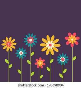 Beauty vector postcard in dark tones. Summer illustration with bright flowers. 
